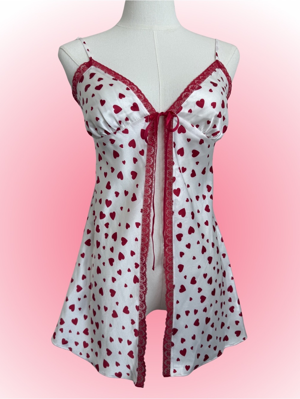 Y2K Victoria’s Secret Heart Print Fly Front Babydoll Slip Dress Lace Trim XS